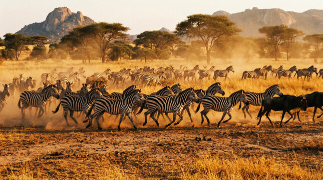 A herd of zebras runs across a sunlit savanna plain. Dust rises around acacia trees in golden light.