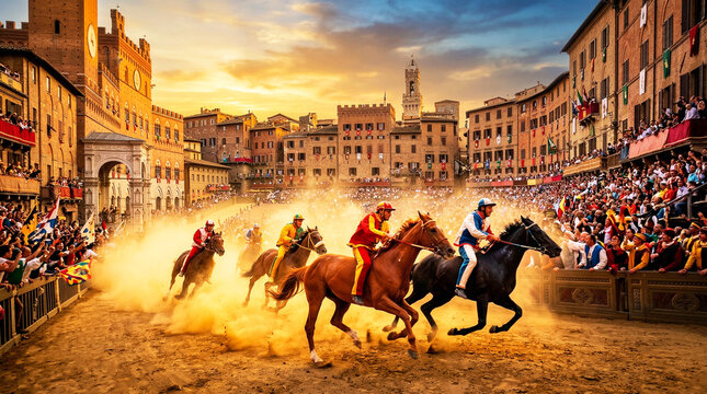 Jockeys race horses across siena piazza at sunset. Crowds cheer from stone balconies and wave flags