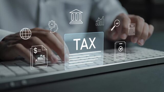 Business tax management concept. Person typing keyboard with tax report and accounting icons, tax planning, financial reporting and regulatory compliance.
