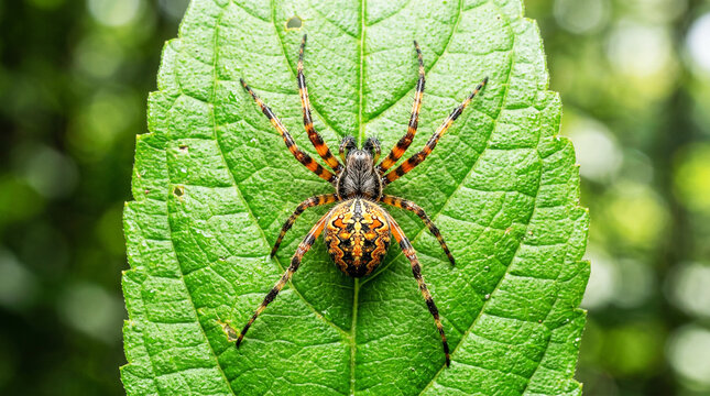 Patterned orb weaver spider resting on a green leaf.