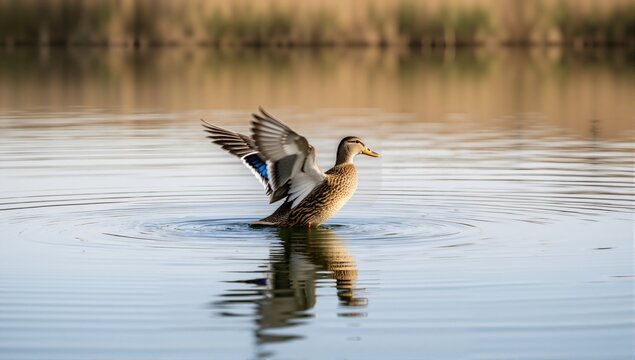 duck on a lake mooving wings
