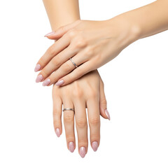 Naklejka premium slender female hands with flawless skin and a pale rose micro-glitter manicure, adorned with a delicate silver band, isolated on transparent in macro detail, evoking high-end beauty and self-care