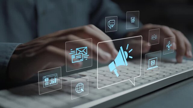 Public relation and marketing strategy concept. Person typing keyboard with communication and marketing icons, brand promotion, media outreach and strategic marketing planning.