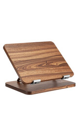 Fototapeta premium A vintage leather-bound book and a blank paper notebook rest on a wooden cutting board, creating an aged literature aesthetic isolated on a white background