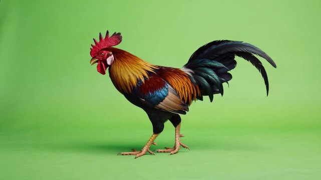 A colorful rooster standing on a green background with vibrant feathers