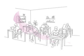Obraz premium Continuous Line Drawing of Students Studying in a Classroom, Minimalist One Line Art Illustration for Educational Concepts