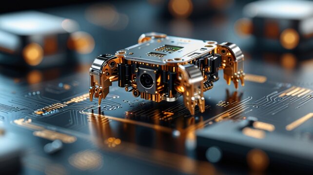 Nano Scale Robots With Mechanical Limbs On PBC Computer Chip Surface Sci Fi Nanobot Background
