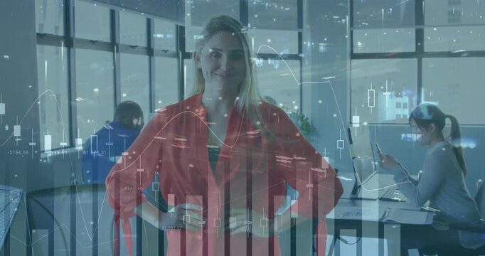 Animation of financial data processing over diverse business people in office and cityscape