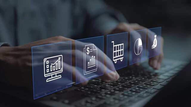 Financial data analysis and market trend monitoring concept. Person using laptop with analytics dashboard and graph icons, business insights, forecasting and financial planning.