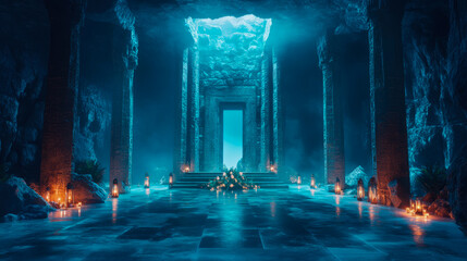 Obraz premium Mysterious ancient cavern entrance illuminated by ethereal blue light and warm lantern glow, setting dramatic and sacred tone for unknown passage