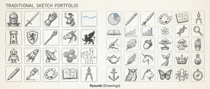 Traditional sketch portfolio features various drawings of objects and symbols arranged in a grid layout