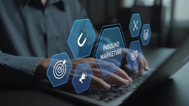 Digital inbound marketing strategy concept. Person using laptop with funnel and analytics icons, lead nurturing, content creation and customer conversion.