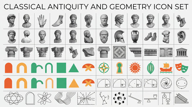 Set of icons displaying classical antiquity symbols and geometric shapes for design projects or educational use
