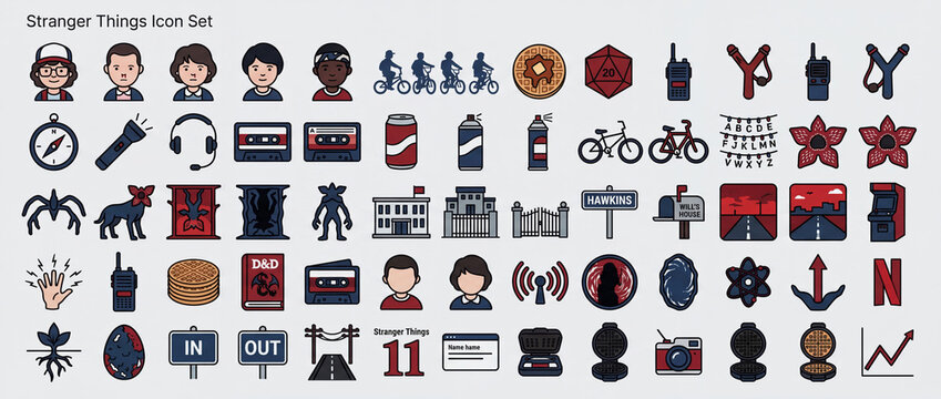 Stranger Things icon set showing various symbols, characters, and items related to the popular TV show