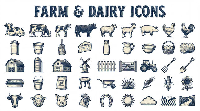 Farm and dairy icons show various farm animals, tools, and dairy products in a clear and simple design