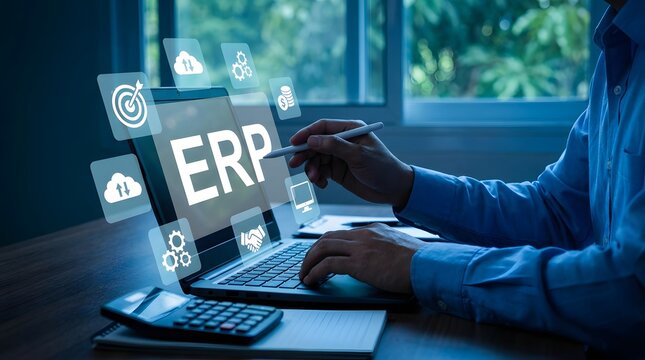 Business professional analyzing ERP software on laptop in modern office with digital hologram interface