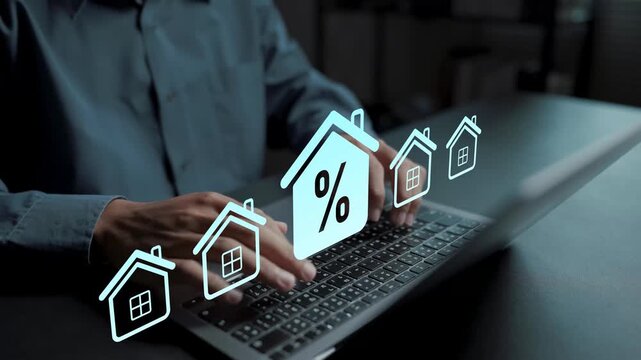 Property investment and mortgage rate analysis concept. Person using laptop with house icons, real estate evaluation, loan interest rates and market trends.