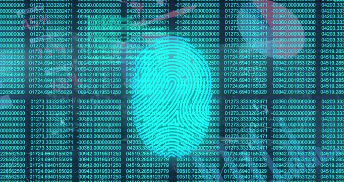 Animation of biometric fingerprint scanner over statistical data processing and binary coding
