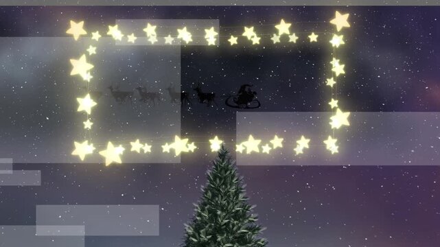 Animation of stars and snow falling over santa in sleigh at christmas