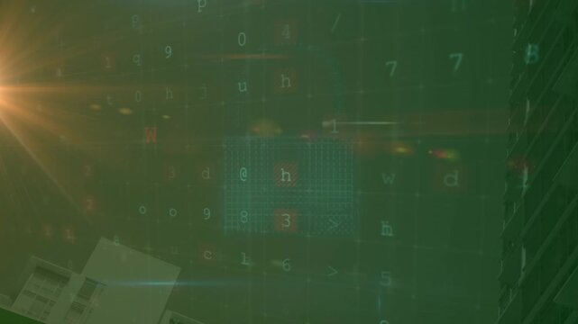 Animation of lights and digital cloud and padlock over buildings