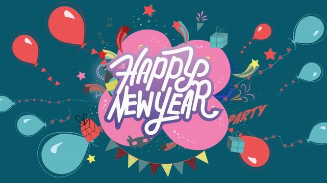 Animation of happy new year text over balloons