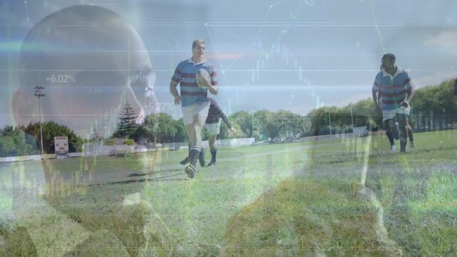 Animation of financial data processing over diverse rugby players and businessman