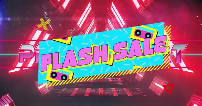Animation of flash sale text in pink over red neon lights