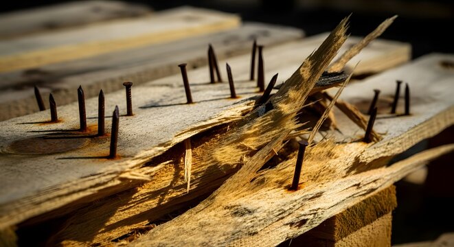 Extreme macro splintered wood protruding rusty nails broken industrial transport pallet.