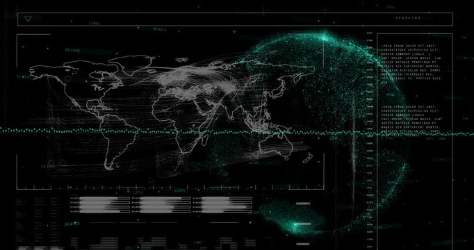 Animated dashboard displays data analysis and a spinning globe on a green screen.