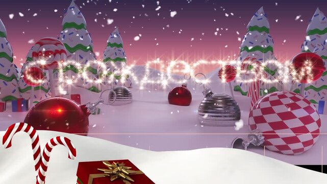 Animation of winter landscape with snow, christmas wishes and present