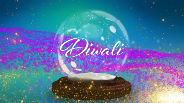 Animation of snow and light spots over snow globe with diwali text