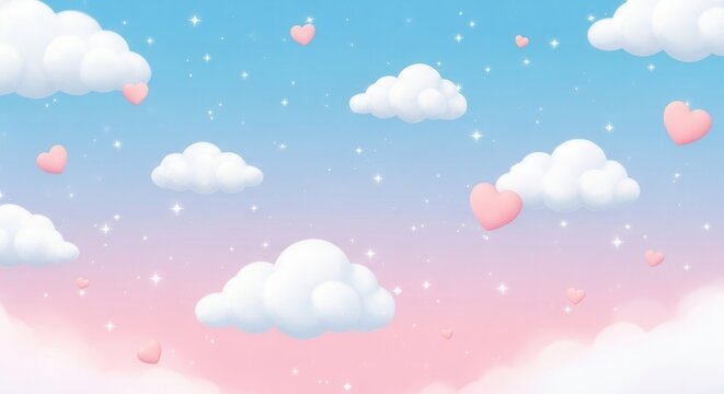 Pink hearts and fluffy clouds in a pastel sky