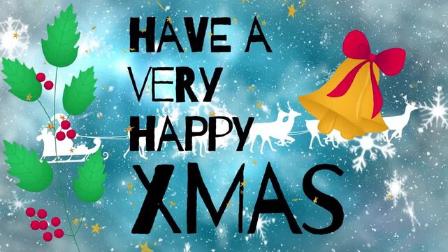 Animation of snow falling over happy christmas text banner against blue gradient background