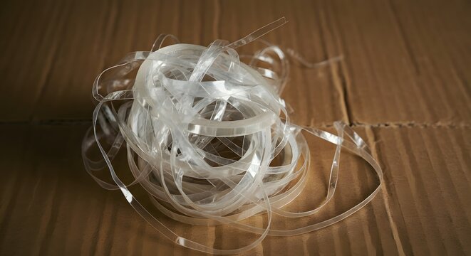 Close up messy tangle discarded clear packing tape stuck rough cardboard surface.