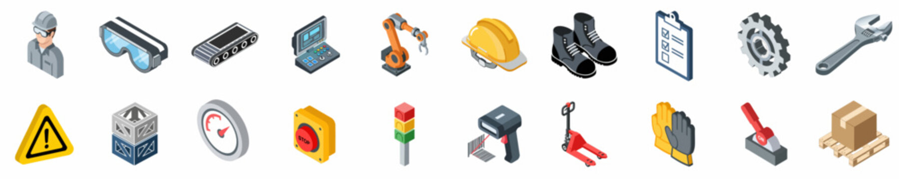 Collection of 20 Isometric Industrial Manufacturing and Warehouse Logistics Icons Featuring Safety Equipment, Tools, and Machinery Isolated on White Background