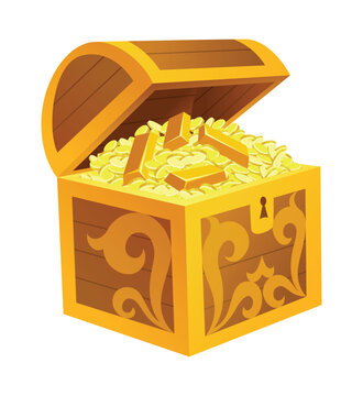 Treasure gold coins. Chest full of shiny royal gold and gemstones. Gold treasure, shiny savings, golden coins isolated on white background. Vector cartoon icon