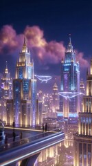 Naklejka premium Modern urban panorama displaying illuminated skyscrapers under purple clouds and ethereal, glowing whales floating through the air