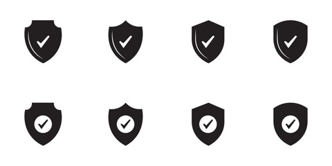 Shield check mark icon or security shield protection icon with tick symbol. Security shield icons set checkmark success . Clipart, logo template. Vector icon set