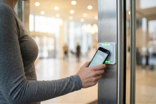 Person using smartphone to unlock electronic door access