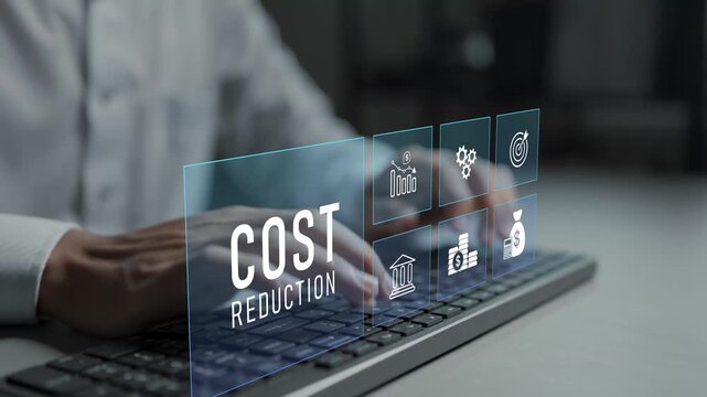 Business cost reduction strategy concept. Person typing keyboard with finance and analytics icons, cost optimization, operational efficiency and profit improvement.
