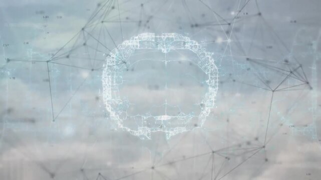 Animation of connected dots, human digital brain and computer language, aerial view of dense clouds
