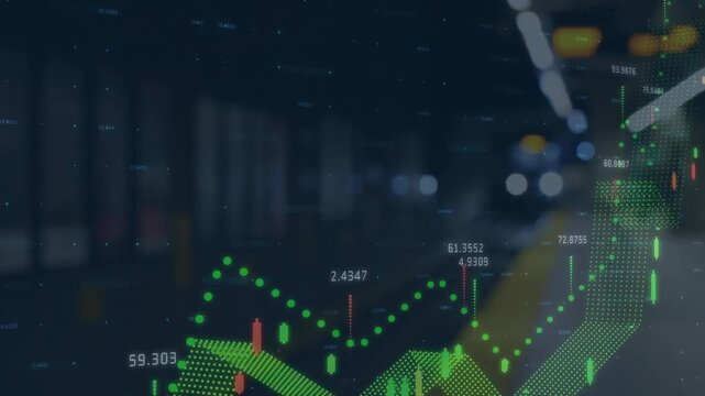 Animation of multiple graphs with changing numbers, blurred train arrived at subway station