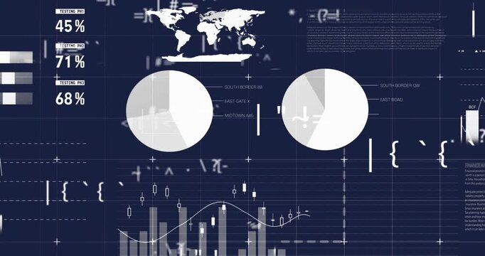 Animation of statistics and financial data processing on dark background