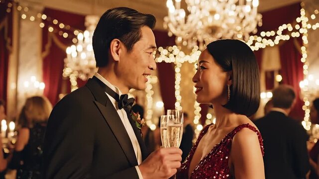 Elegant Couple Toasts With Champagne at Formal Gala Event With Chandeliers and Twinkling Lights
