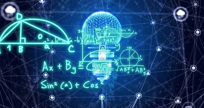 Animation of mathematical equations over light bulb and networks on dark background