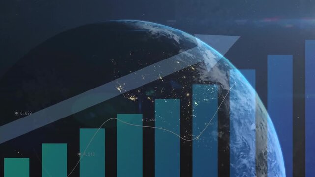 Animation of data processing and diagrams over globe and sun