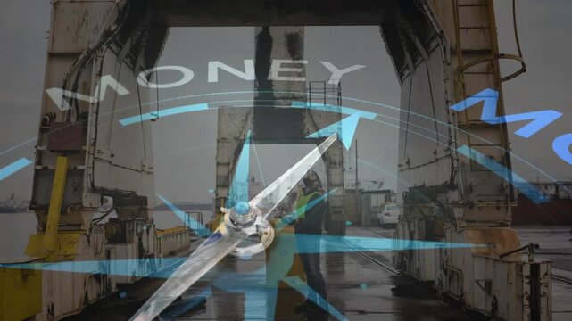 Money compass animation over industrial worker in shipping yard