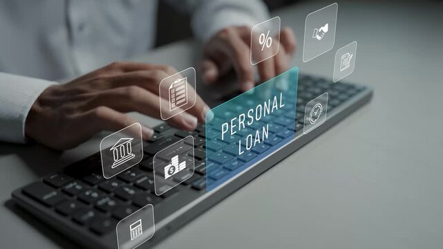 Digital personal loan service concept. Person typing keyboard with finance and credit icons, loan management, borrowing solutions and online banking services.