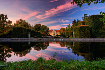 Fototapeta premium Beautiful scenery of the autumnal park in Gdansk Oliwa at sunset. Poland