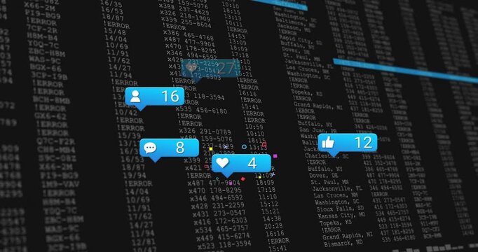 Starting blue comment icon sliding in icons updating metrics on code backdrop visualizing activity